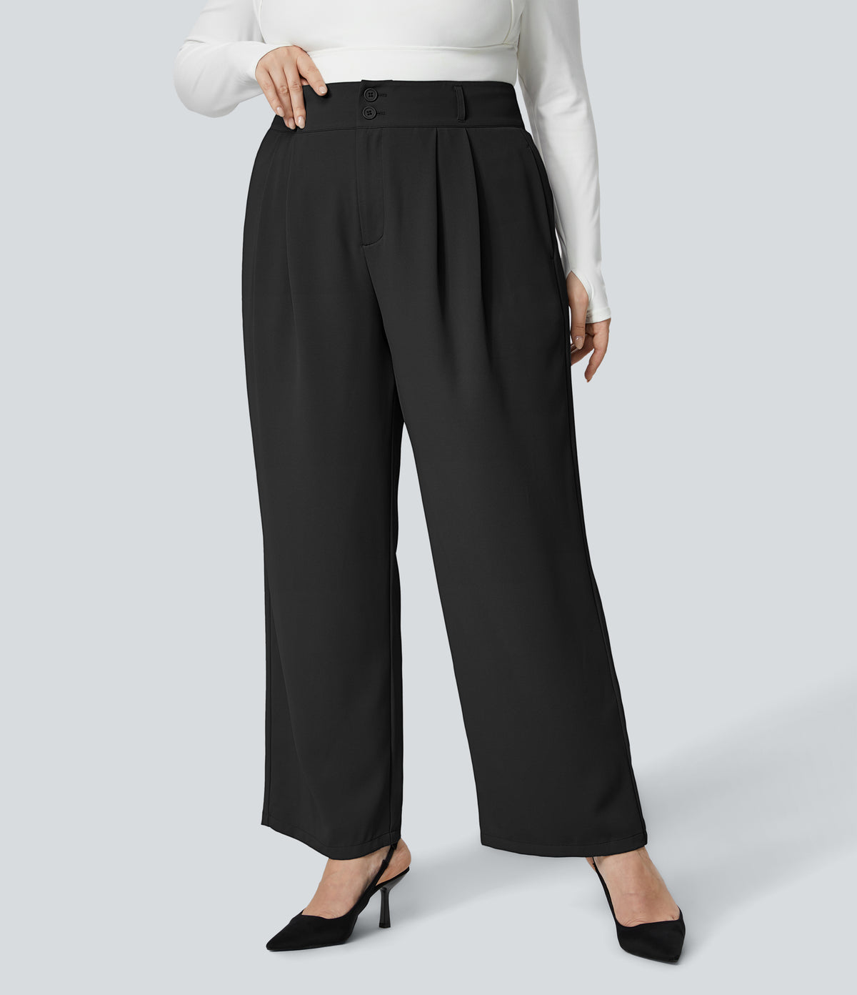 High Waisted Button Zipper Side Pocket Shirred Straight Leg Work Plus Size Trousers — Black — view 3