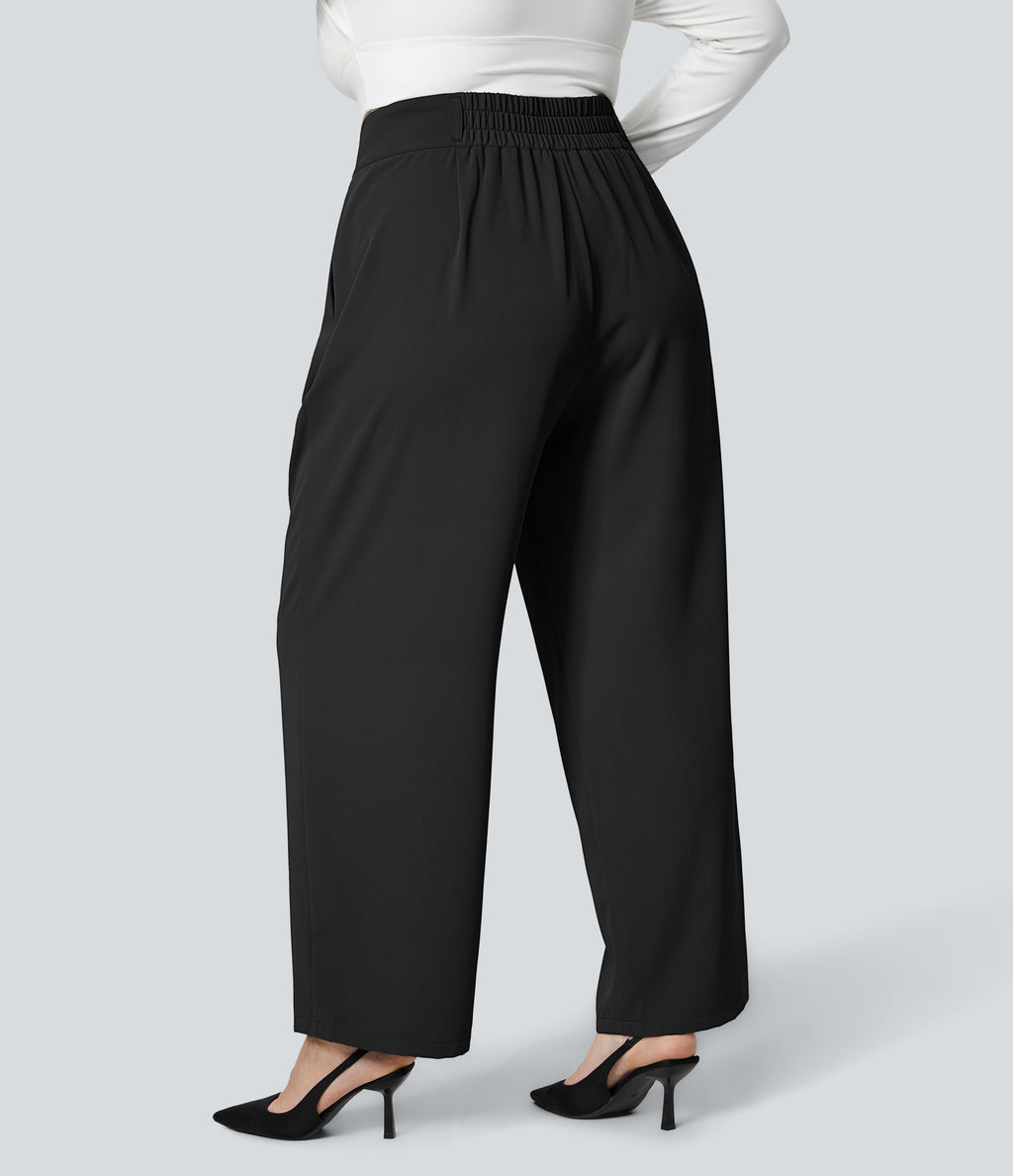 High Waisted Button Zipper Side Pocket Shirred Straight Leg Work Plus Size Trousers — Black — view 2