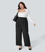High Waisted Button Zipper Side Pocket Shirred Straight Leg Work Plus Size Trousers — Black — view 5