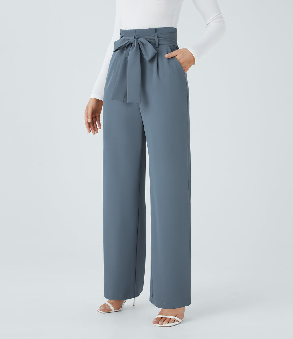 Paper Bag High Waisted Belted Pocket Wide Leg Work Trousers — Deep Sea Gray Blue — view 1