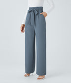 Paper Bag High Waisted Belted Pocket Wide Leg Work Trousers — Deep Sea Gray Blue — view 1