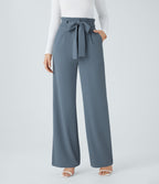Paper Bag High Waisted Belted Pocket Wide Leg Work Trousers — Deep Sea Gray Blue — view 3