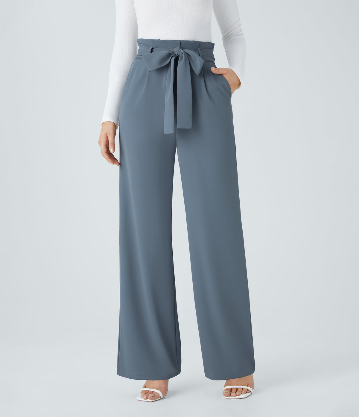 Paper Bag High Waisted Belted Pocket Wide Leg Work Trousers — Deep Sea Gray Blue — view 3