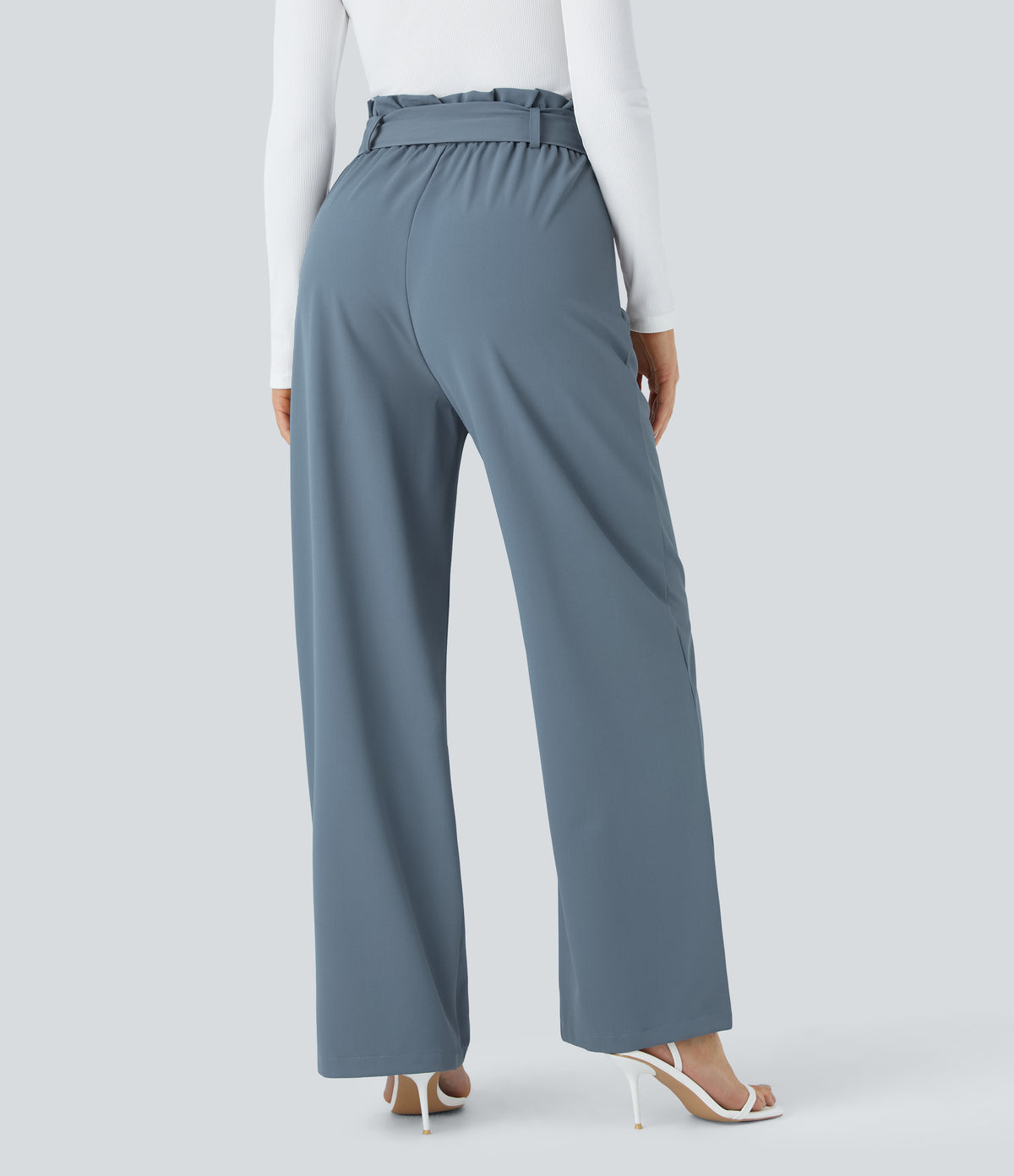 Paper Bag High Waisted Belted Pocket Wide Leg Work Trousers — Deep Sea Gray Blue — view 2