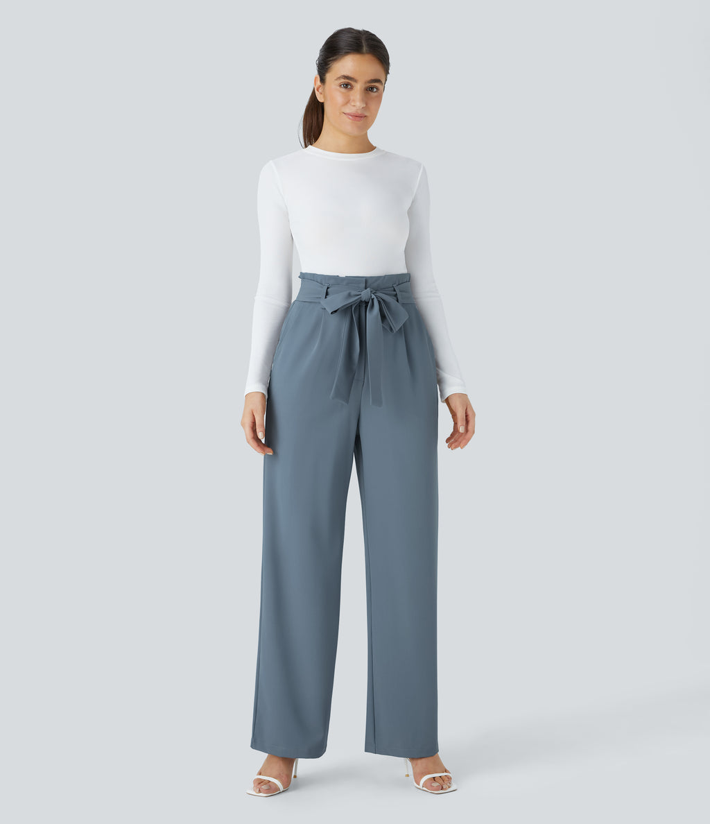 Paper Bag High Waisted Belted Pocket Wide Leg Work Trousers — Deep Sea Gray Blue — view 6
