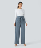 Paper Bag High Waisted Belted Pocket Wide Leg Work Trousers — Deep Sea Gray Blue — view 6