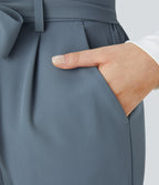 Paper Bag High Waisted Belted Pocket Wide Leg Work Trousers — Deep Sea Gray Blue — view 5