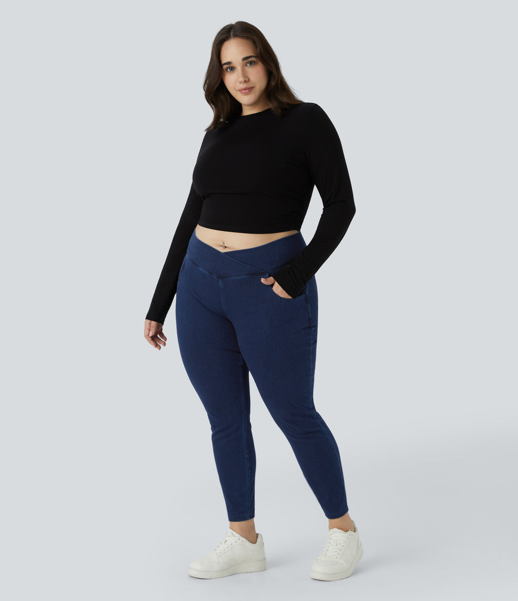 High Waisted Crossover Pockets Denim 7/8 Plus Size Work Leggings — Washed Denim Navy Blue — view 7