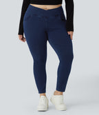 High Waisted Crossover Pockets Denim 7/8 Plus Size Work Leggings — Washed Denim Navy Blue — view 2