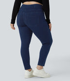 High Waisted Crossover Pockets Denim 7/8 Plus Size Work Leggings — Washed Denim Navy Blue — view 3