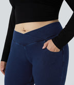 High Waisted Crossover Pockets Denim 7/8 Plus Size Work Leggings — Washed Denim Navy Blue — view 5