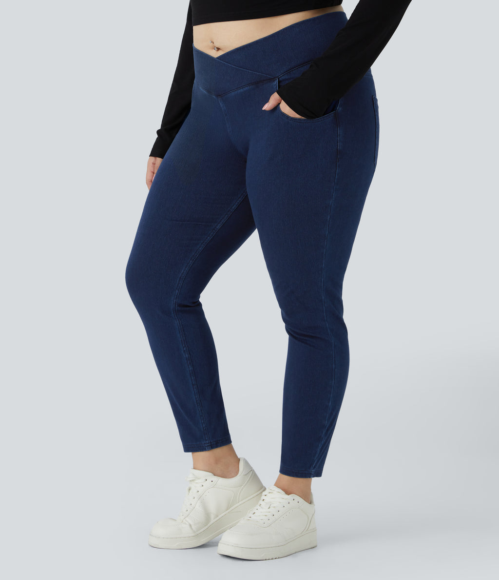 High Waisted Crossover Pockets Denim 7/8 Plus Size Work Leggings — Washed Denim Navy Blue — view 4