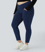 High Waisted Crossover Pockets Denim 7/8 Plus Size Work Leggings — Washed Denim Navy Blue — view 4