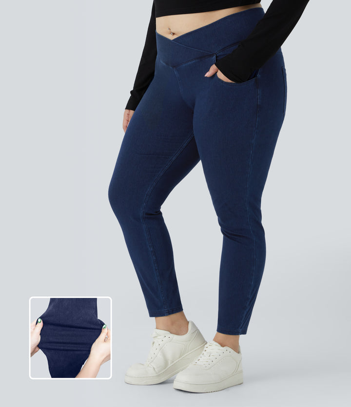 High Waisted Crossover Pockets Denim 7/8 Plus Size Work Leggings — Washed Denim Navy Blue — view 1