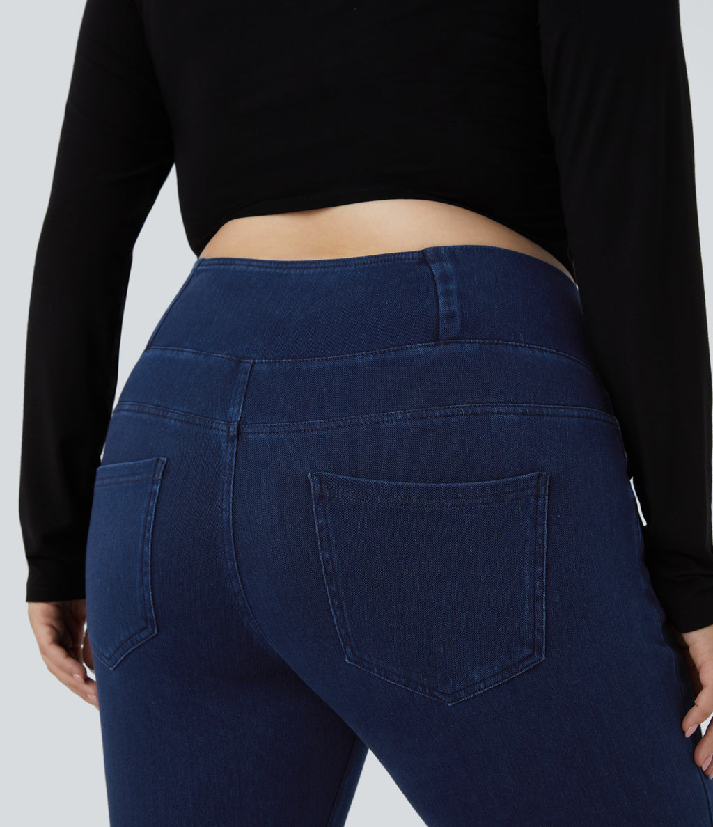 High Waisted Crossover Pockets Denim 7/8 Plus Size Work Leggings — Washed Denim Navy Blue — view 6