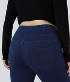 High Waisted Crossover Pockets Denim 7/8 Plus Size Work Leggings — Washed Denim Navy Blue — view 6