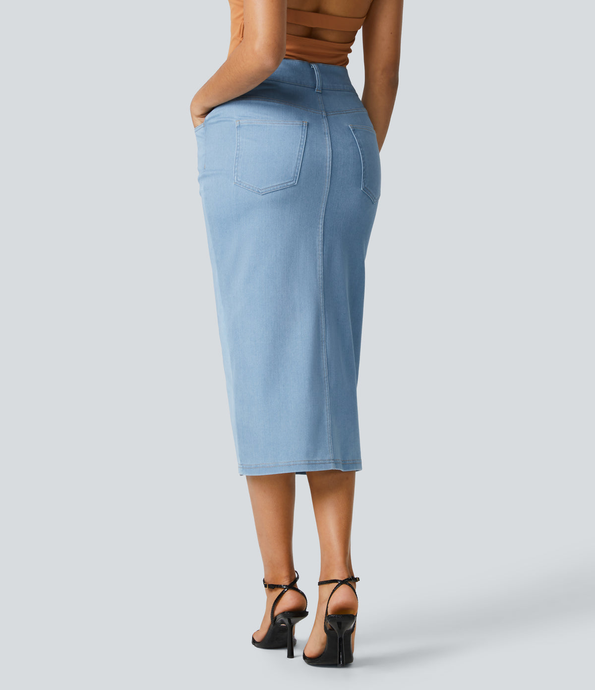 High Waisted Pockets Bodycon Denim Casual Midi Skirt — Denim Cyan Blue — view 2