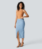 High Waisted Pockets Bodycon Denim Casual Midi Skirt — Denim Cyan Blue — view 7