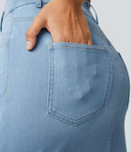High Waisted Pockets Bodycon Denim Casual Midi Skirt — Denim Cyan Blue — view 5