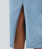 High Waisted Pockets Bodycon Denim Casual Midi Skirt — Denim Cyan Blue — view 6