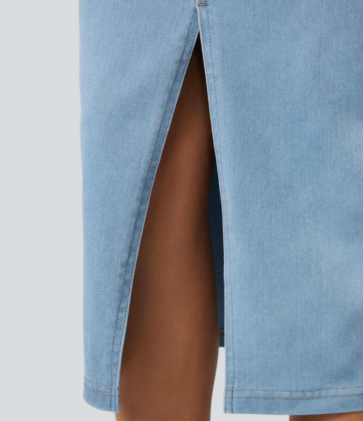 High Waisted Pockets Bodycon Denim Casual Midi Skirt — Denim Cyan Blue — view 6