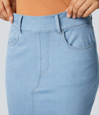 High Waisted Pockets Bodycon Denim Casual Midi Skirt — Denim Cyan Blue — view 4