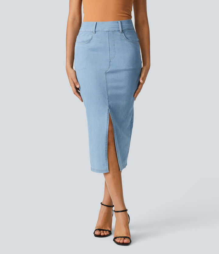 High Waisted Pockets Bodycon Denim Casual Midi Skirt — Denim Cyan Blue — view 1