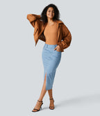 High Waisted Pockets Bodycon Denim Casual Midi Skirt — Denim Cyan Blue — view 8