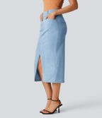 High Waisted Pockets Bodycon Denim Casual Midi Skirt — Denim Cyan Blue — view 3