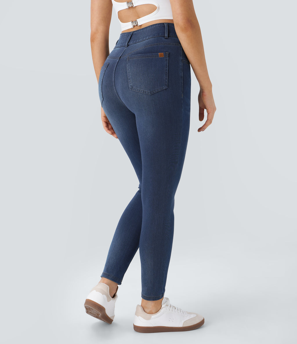 High Waisted Zipper Pockets Casual Skinny Jeans — Bright Blue Denim — view 2