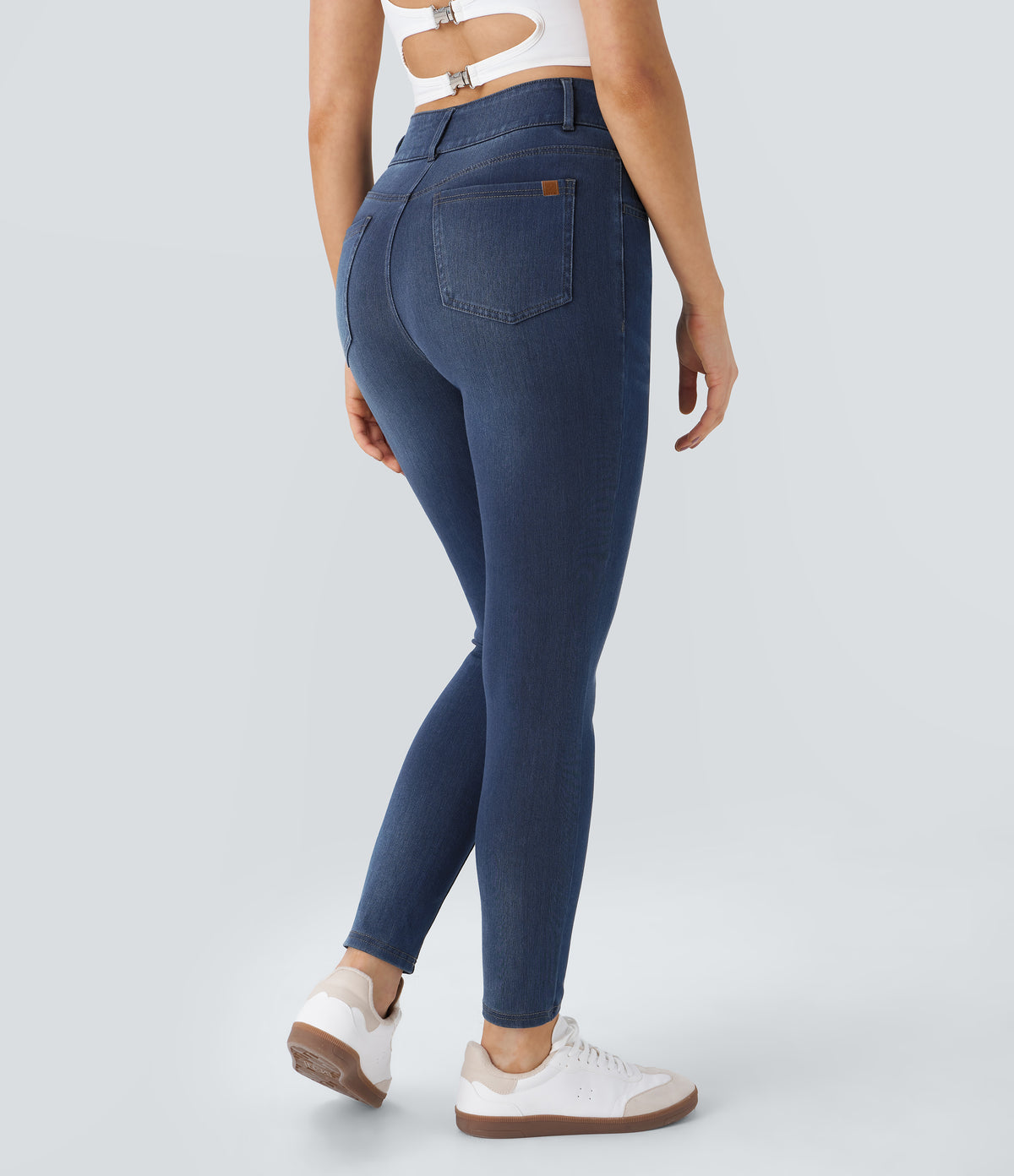 High Waisted Zipper Pockets Casual Skinny Jeans — Bright Blue Denim — view 2