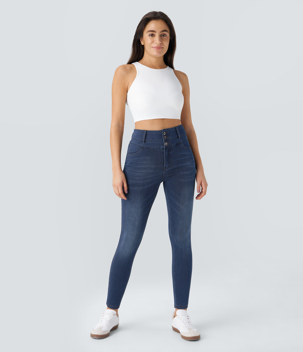 High Waisted Zipper Pockets Casual Skinny Jeans — Bright Blue Denim — view 7