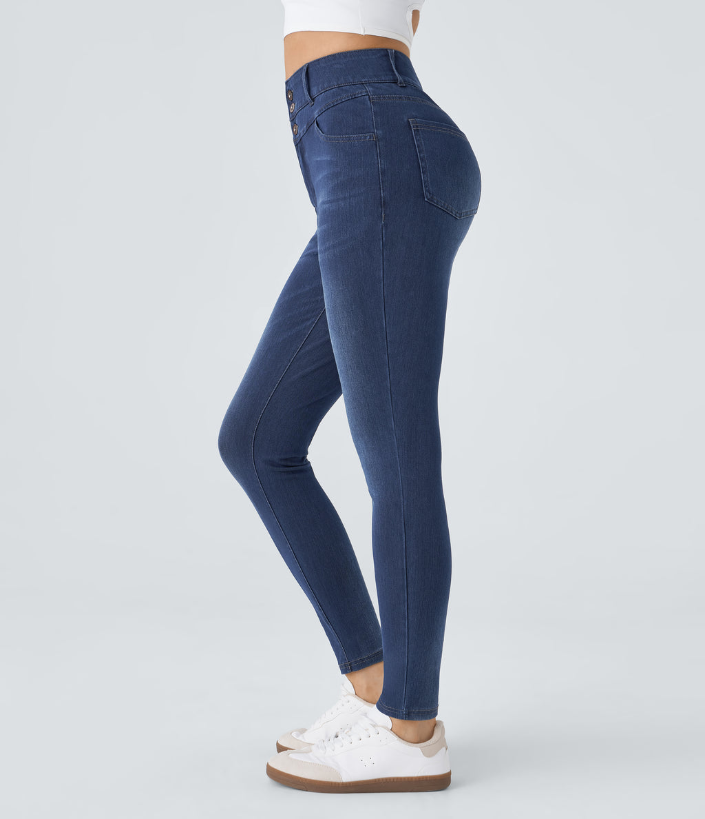 High Waisted Zipper Pockets Casual Skinny Jeans — Bright Blue Denim — view 3