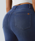 High Waisted Zipper Pockets Casual Skinny Jeans — Bright Blue Denim — view 6