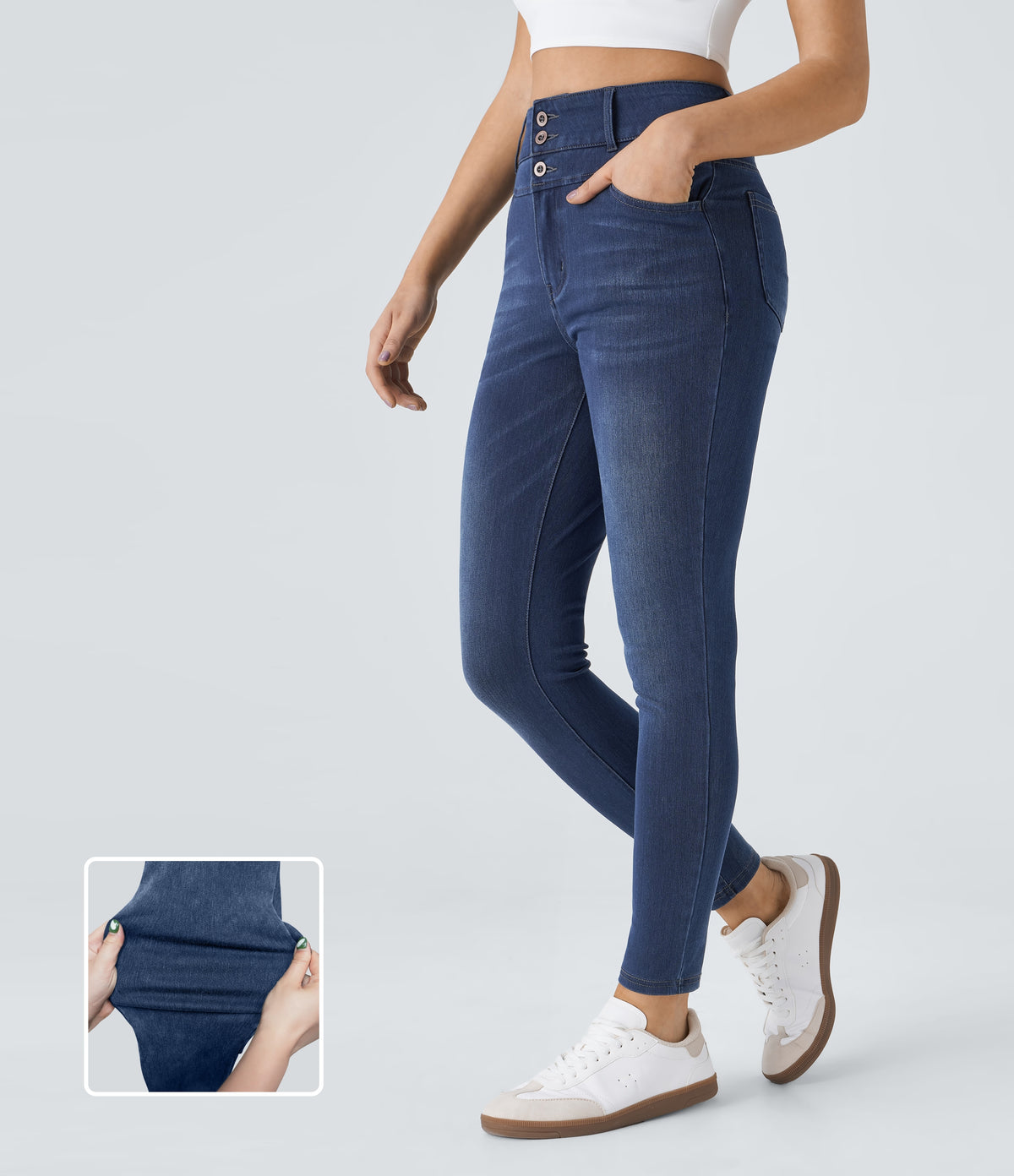 High Waisted Zipper Pockets Casual Skinny Jeans — Bright Blue Denim — view 1