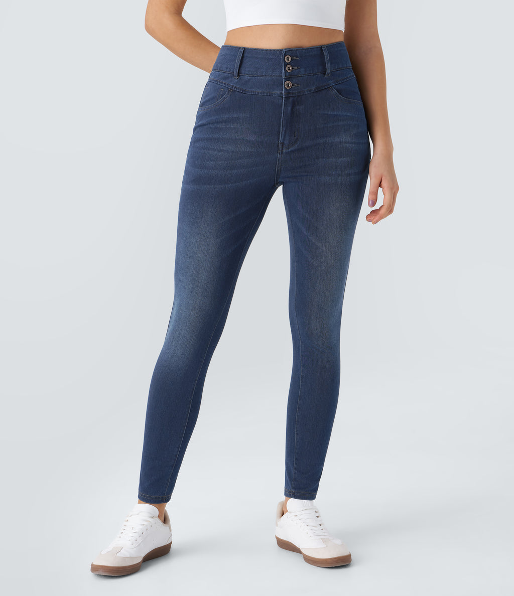 High Waisted Zipper Pockets Casual Skinny Jeans — Bright Blue Denim — view 4