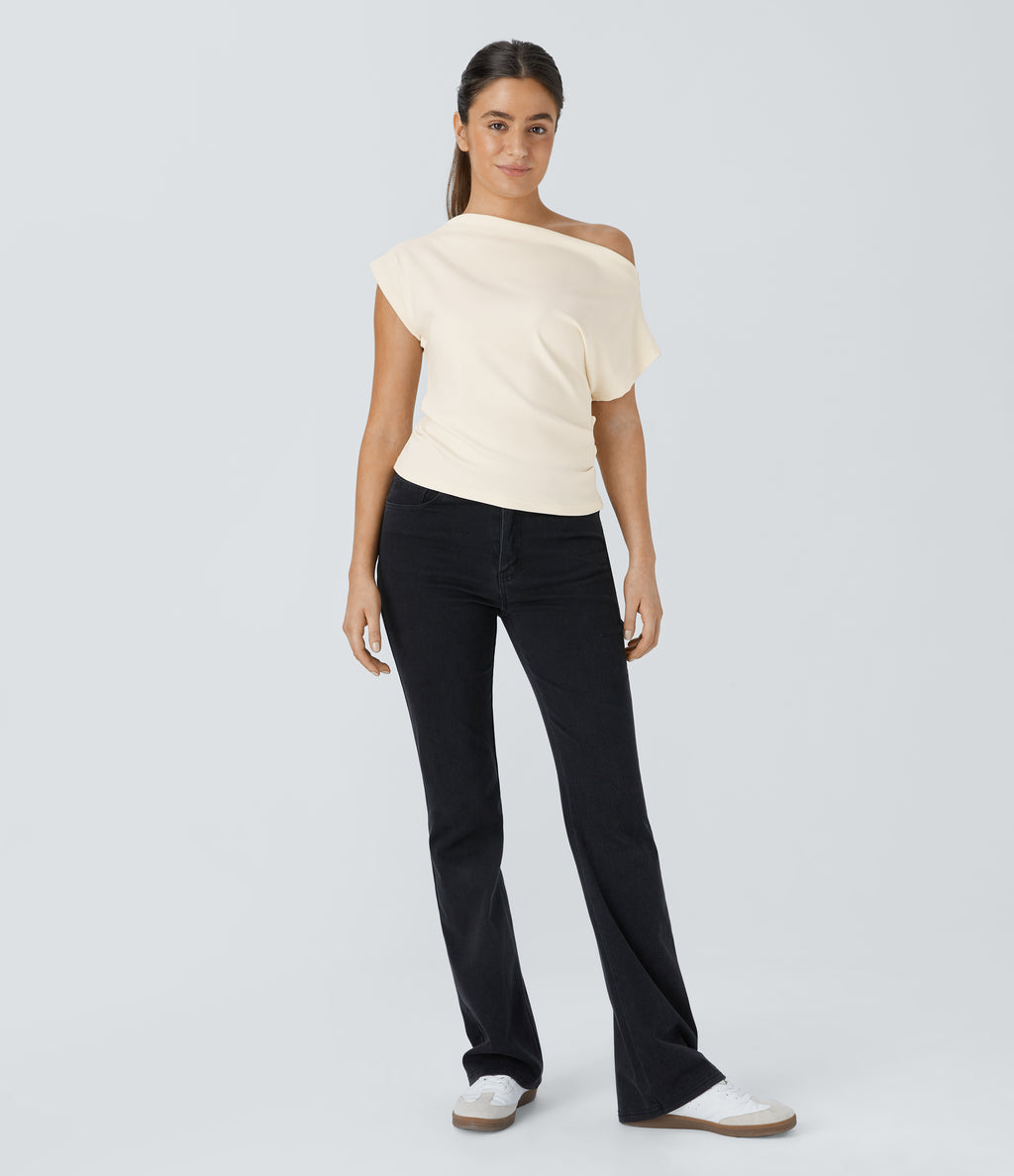 Off Shoulder Short Sleeve Ruched Casual Top — Whisper White — view 7