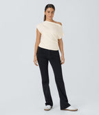 Off Shoulder Short Sleeve Ruched Casual Top — Whisper White — view 7