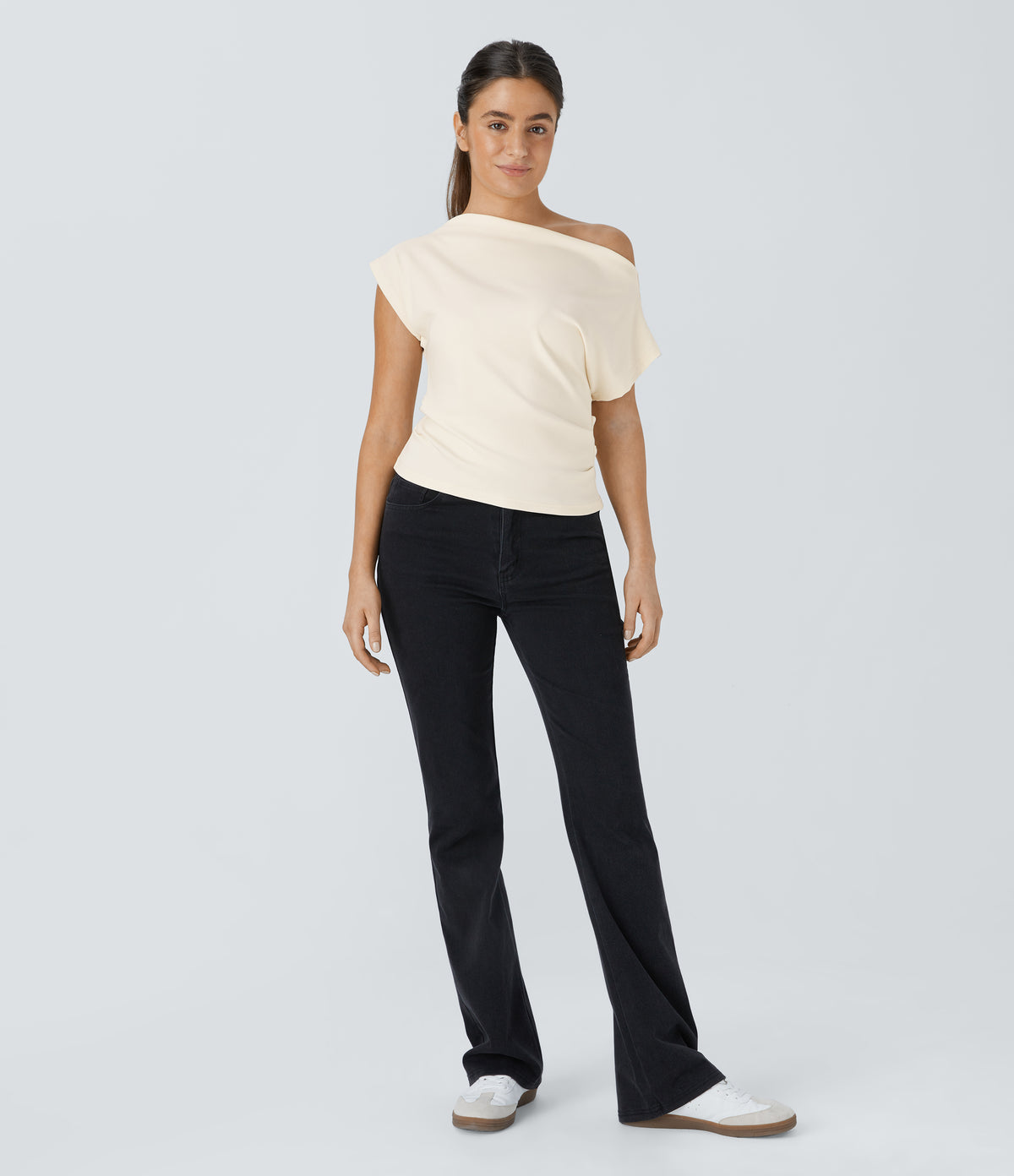 Off Shoulder Short Sleeve Ruched Casual Top — Whisper White — view 7