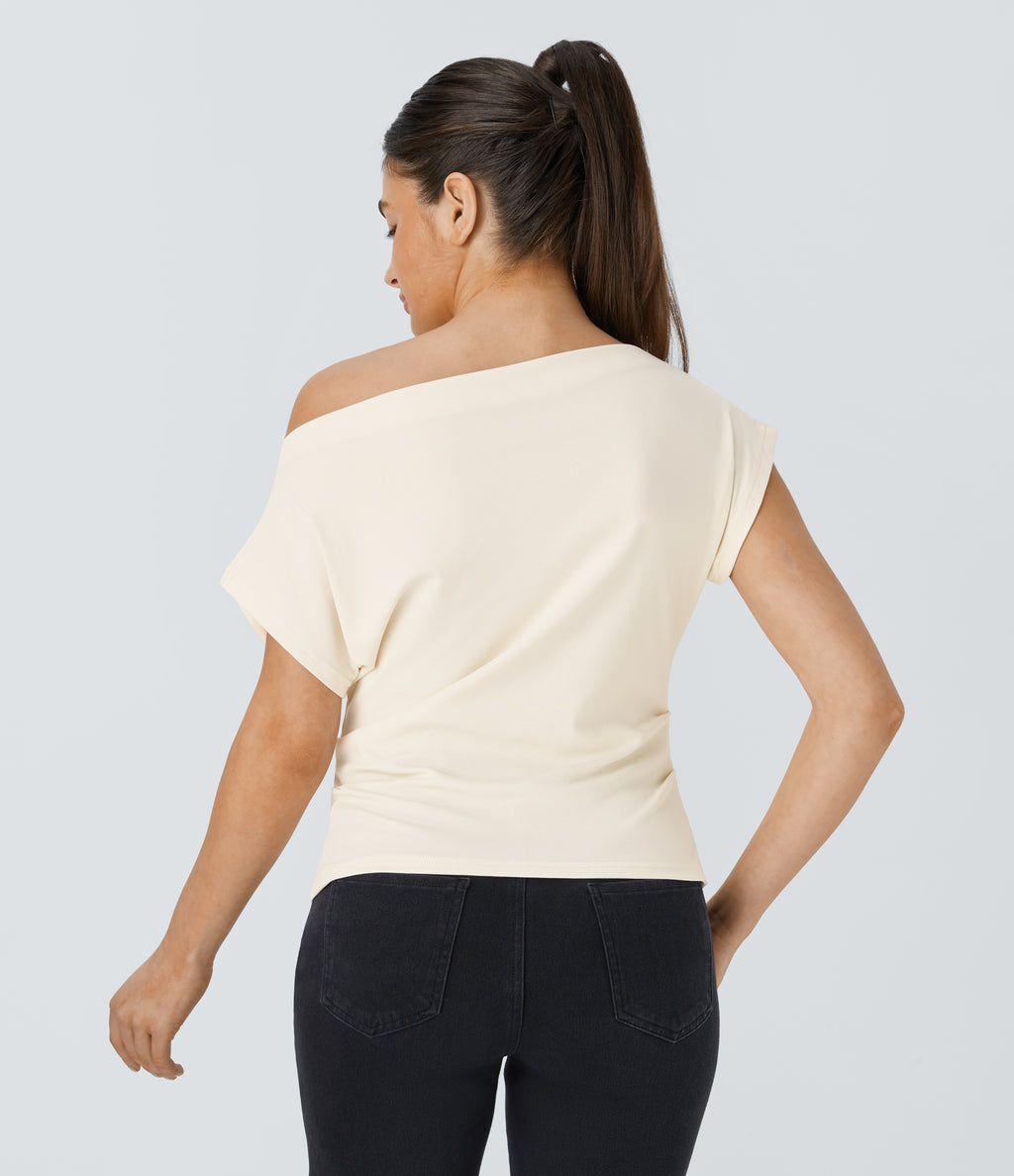 Off Shoulder Short Sleeve Ruched Casual Top — Whisper White — view 2