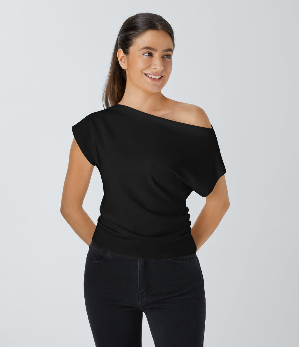 Off Shoulder Short Sleeve Ruched Casual Top — Black — view 9