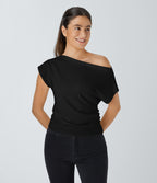 Off Shoulder Short Sleeve Ruched Casual Top — Black — view 9