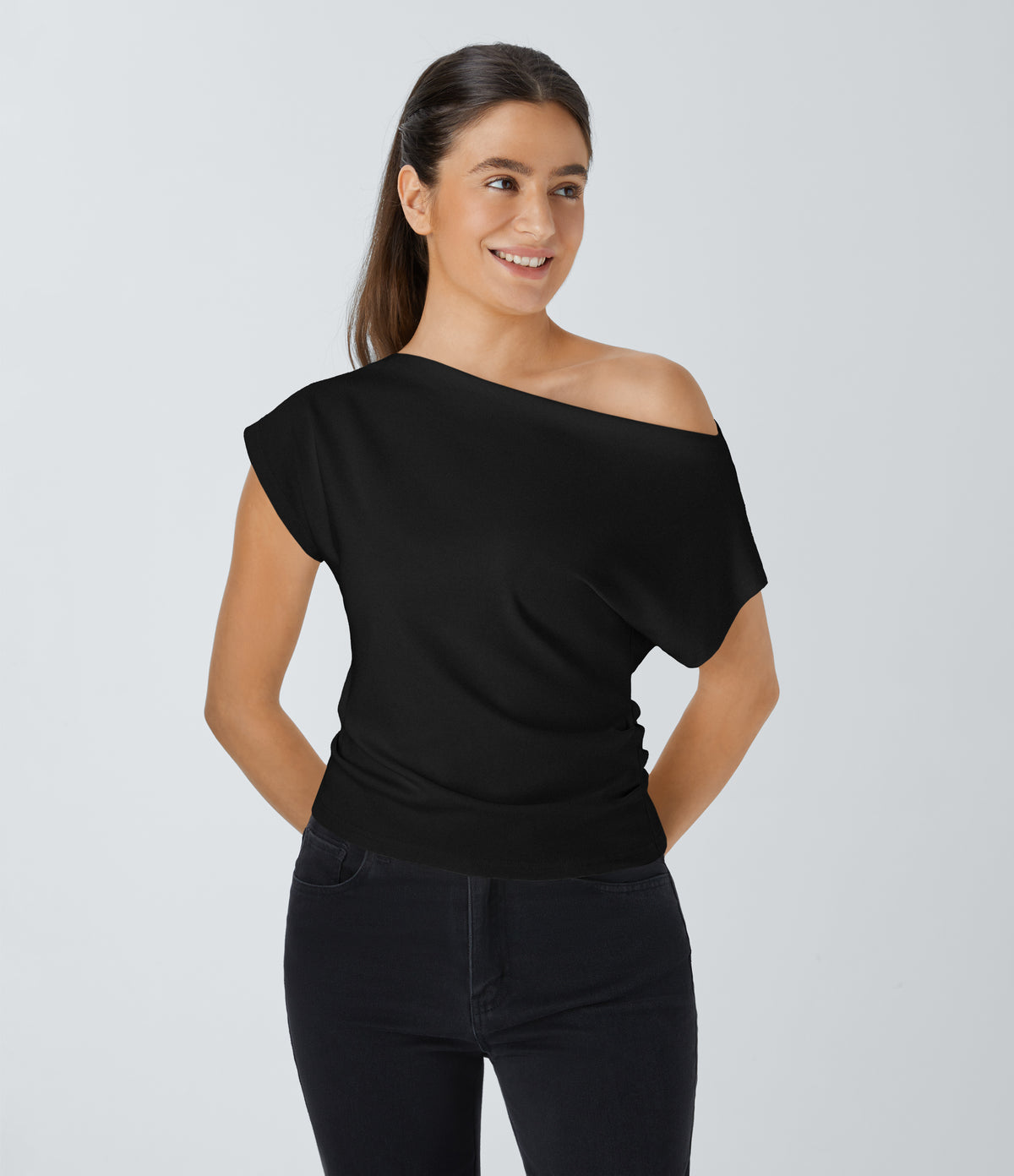 Off Shoulder Short Sleeve Ruched Casual Top — Black — view 9