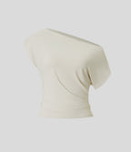 Off Shoulder Short Sleeve Ruched Casual Top — Whisper White — view 8