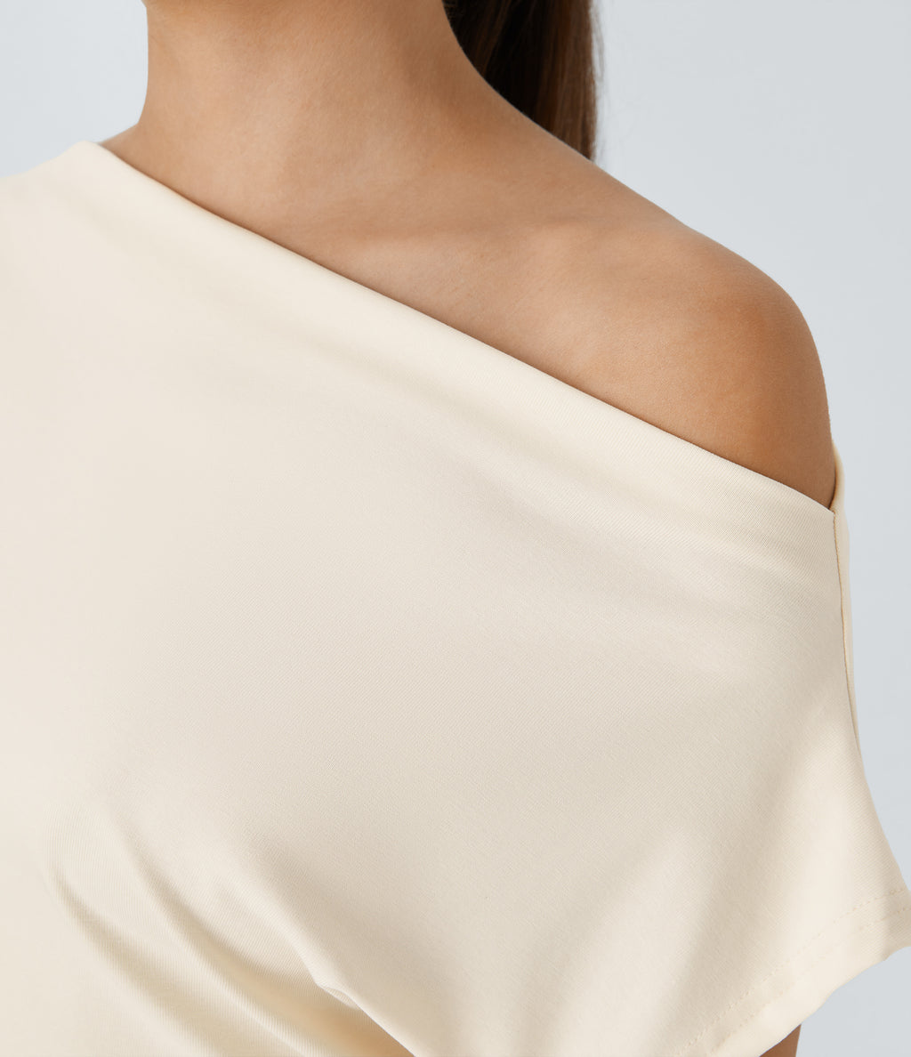 Off Shoulder Short Sleeve Ruched Casual Top — Whisper White — view 5
