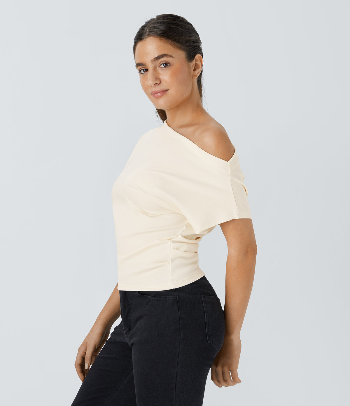 Off Shoulder Short Sleeve Ruched Casual Top — Whisper White — view 3