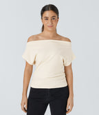 Off Shoulder Short Sleeve Ruched Casual Top — Whisper White — view 4