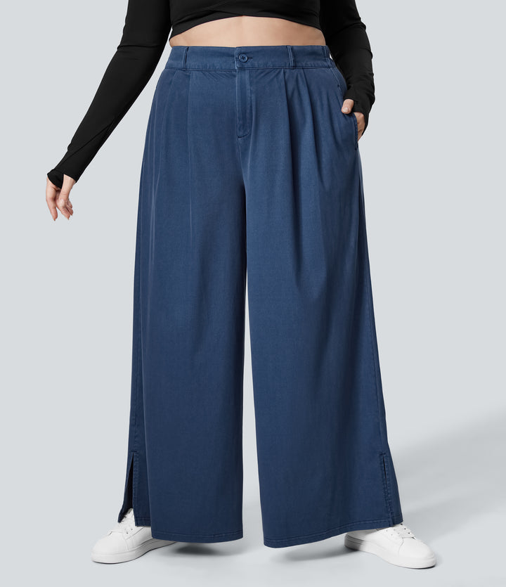 High Waisted Zipper Pocket Hem Wide Leg Casual Plus Size Trousers — Indigo Blue Denim — view 1