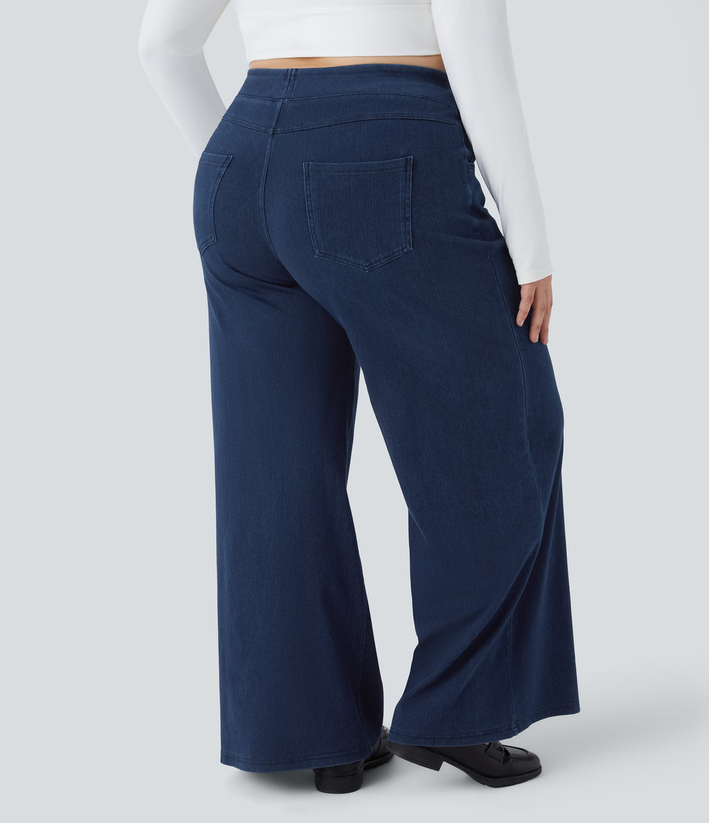 High Waisted Pockets Baggy Wide Leg Loose Casual Plus Size Jeans — Washed Denim Navy Blue — view 6