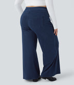 High Waisted Pockets Baggy Wide Leg Loose Casual Plus Size Jeans — Washed Denim Navy Blue — view 6